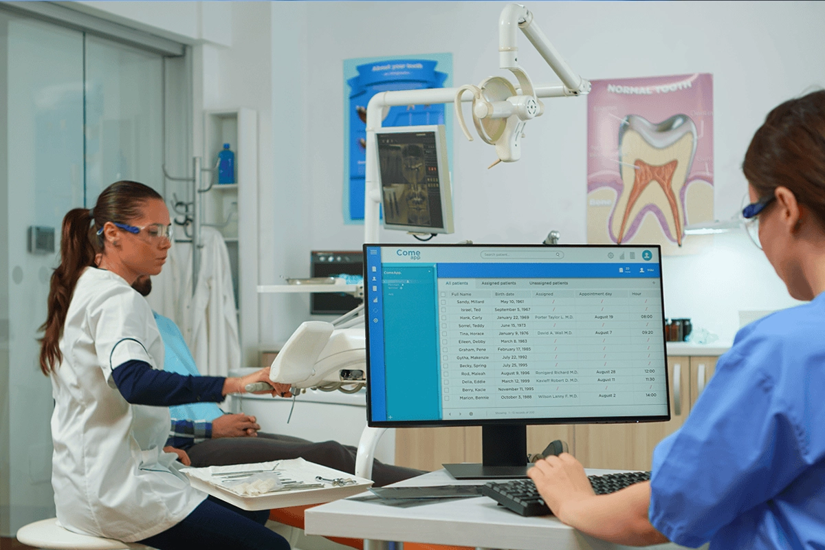 Dental operatory workstation positioned to reduce unauthorized viewing of patient information while preserving practical clinical use