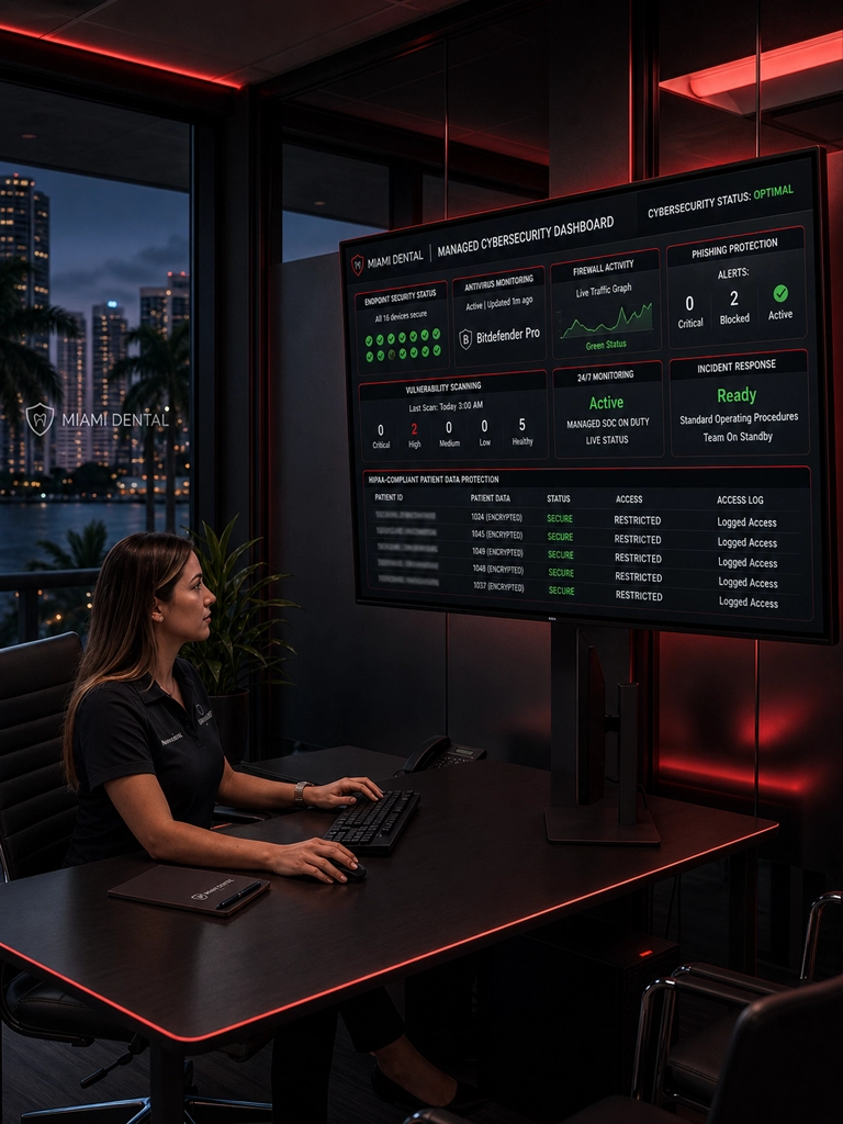 Dental cybersecurity monitoring dashboard for a Miami dental practice