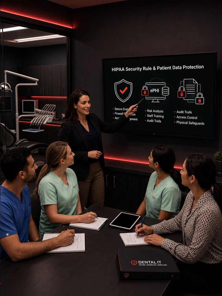 Dental team reviewing HIPAA security controls and patient data protection