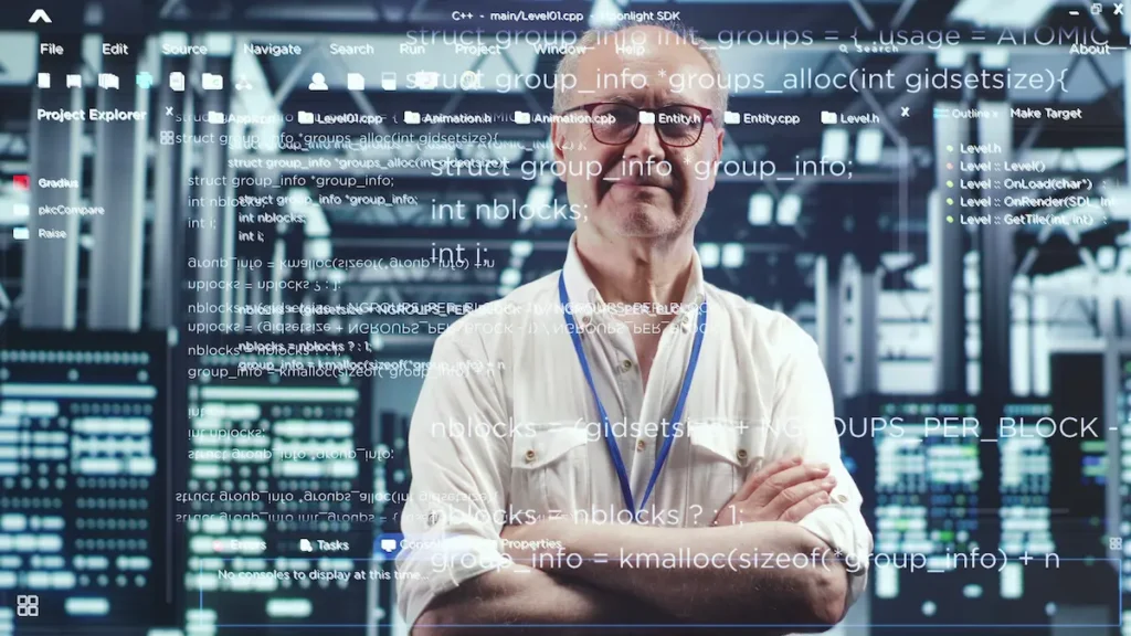 elderly software developer in high tech data center looking at hologram visualization